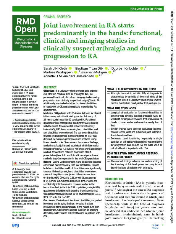 (PDF) Joint involvement in RA starts predominantly in the hands ...