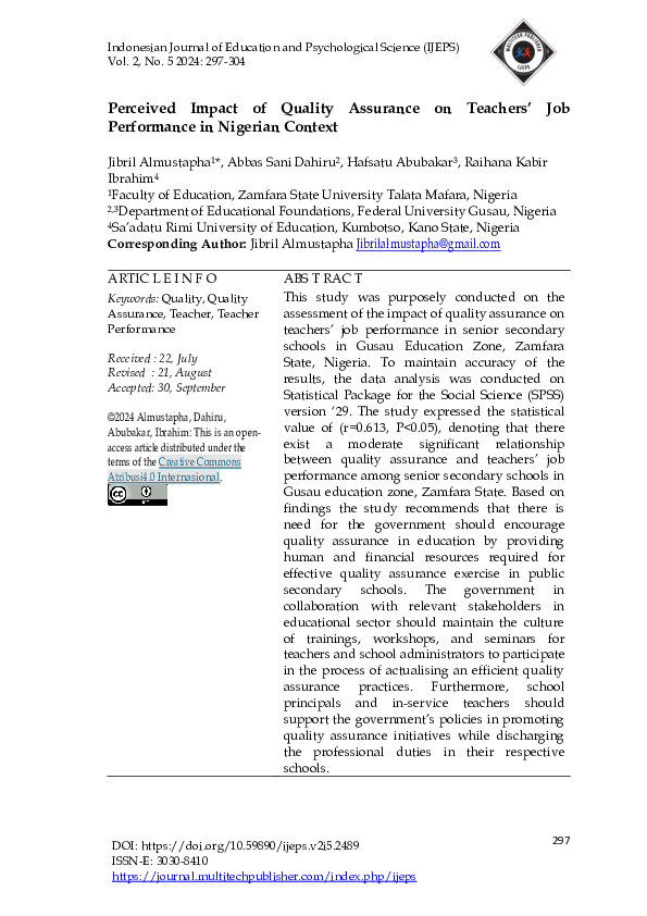 (PDF) Perceived Impact of Quality Assurance on Teachers' Job ...