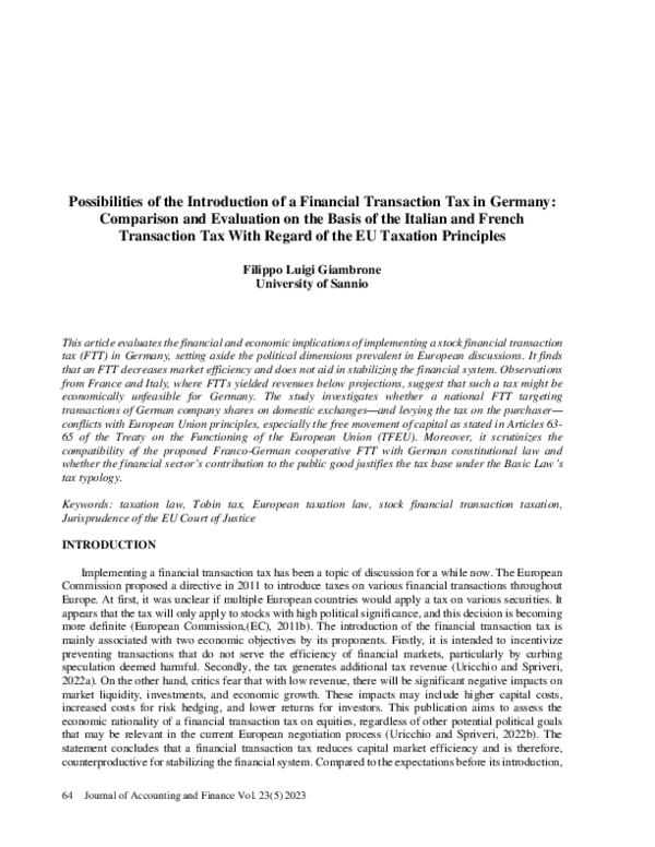 (PDF) Possibilities of the Introduction of a Financial Transaction Tax ...