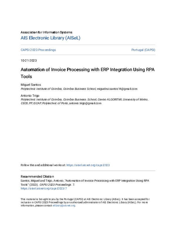 (PDF) Automation of Invoice Processing with ERP Integration Using RPA Tools