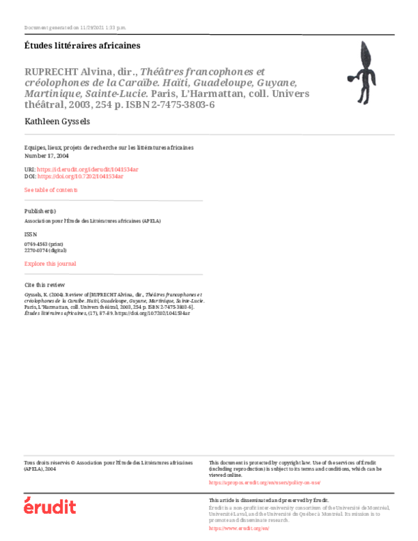 (PDF) RUPRECHT Alvina, dir., Théâtres francophones et créolophones de ...