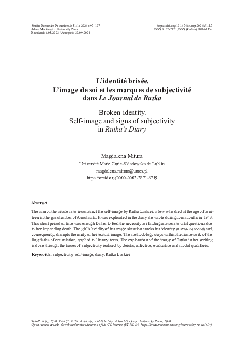 (PDF) L’identité brisée. L’image de soi et les marques de subjectivité ...