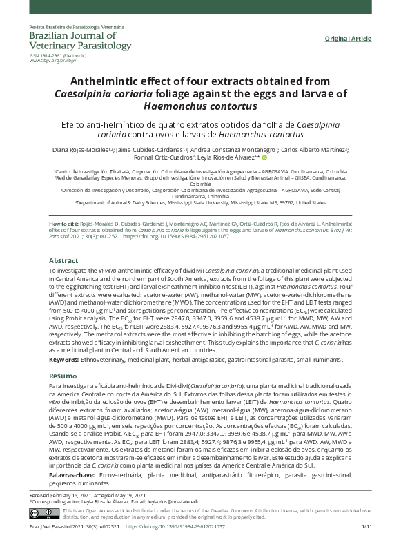 (PDF) Anthelmintic effect of four extracts obtained from Caesalpinia ...
