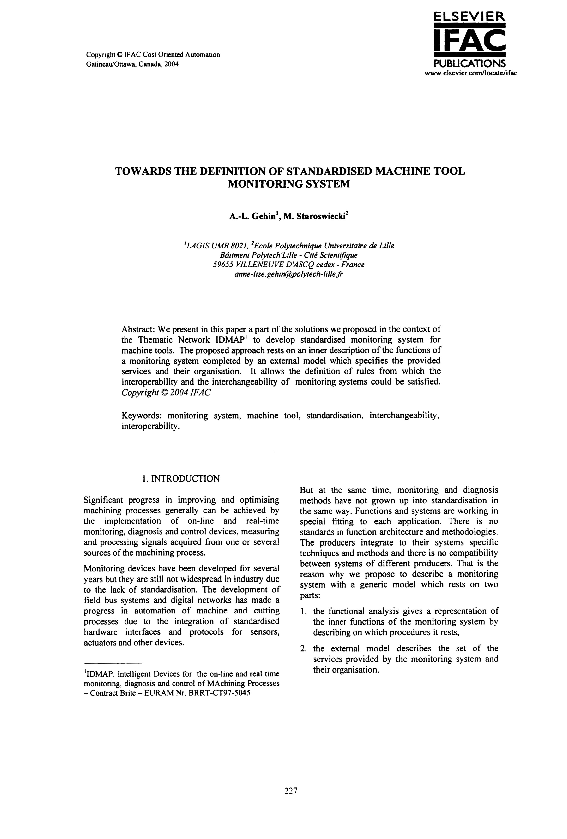 (PDF) Towards the Definition of Standardised Machine Tool Monitoring System