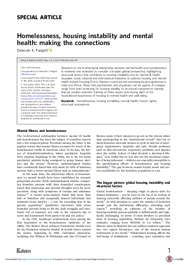 (PDF) Homelessness, housing instability and mental health: making the ...