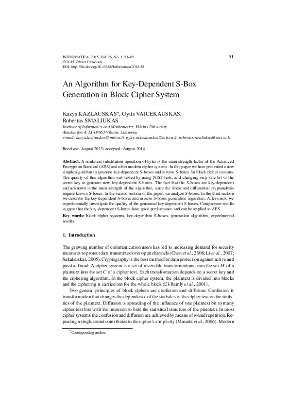 (PDF) An Algorithm for Key-Dependent S-Box Generation in Block Cipher ...