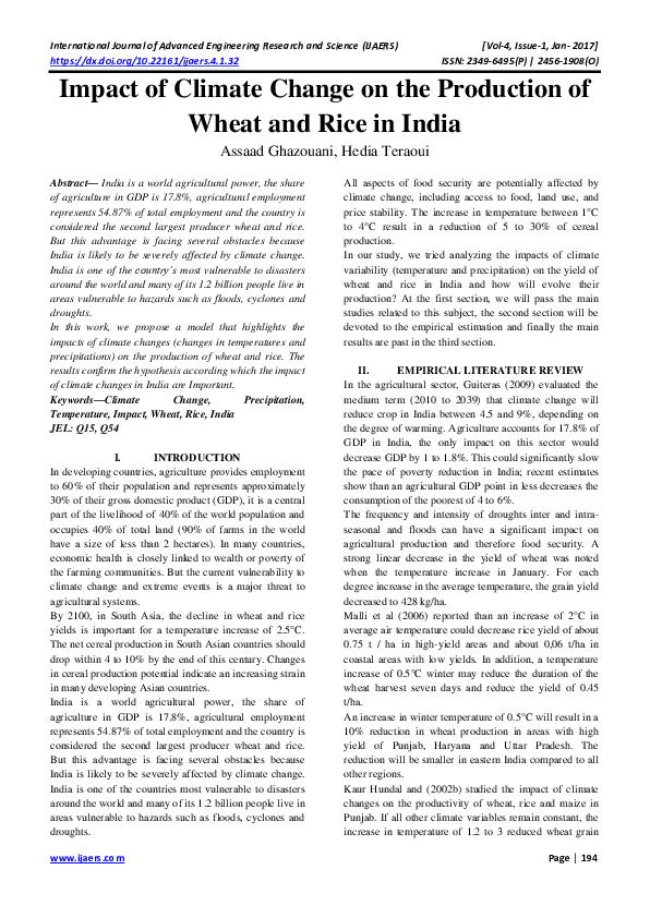 (PDF) Impact of Climate Change on the Production of Wheat and Rice in India