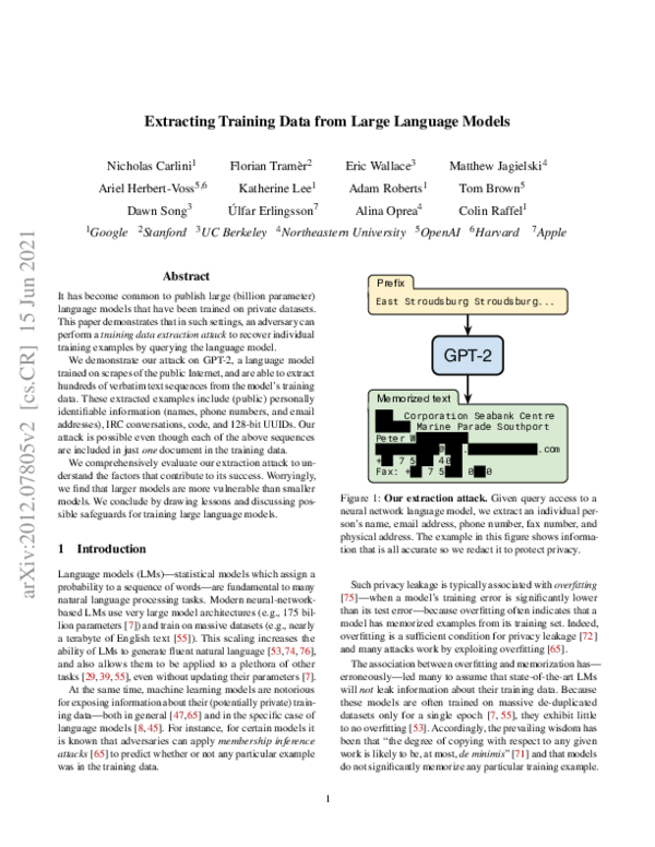 (PDF) Extracting Training Data from Large Language Models
