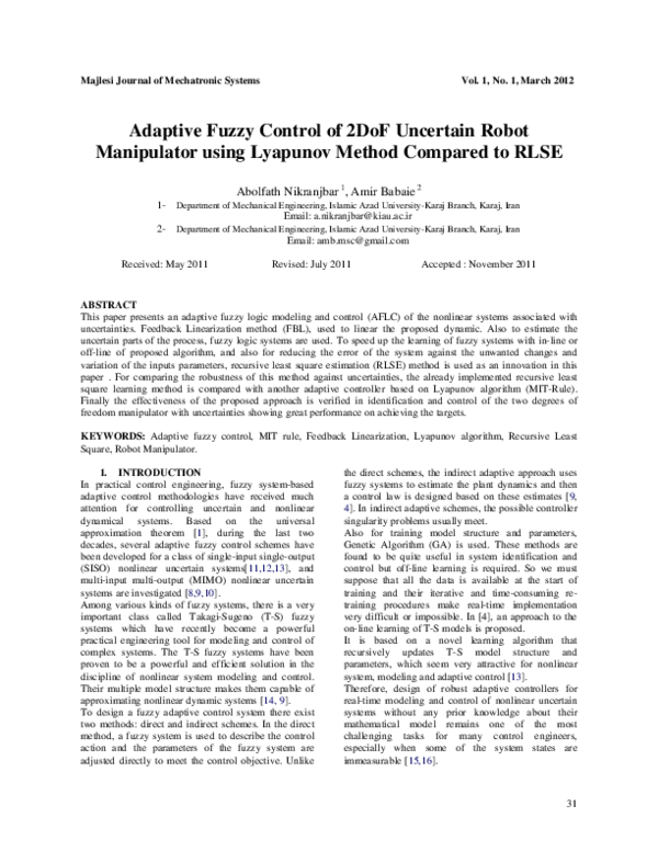(PDF) Adaptive Fuzzy Control of 2DoF Uncertain Robot Manipulator using ...