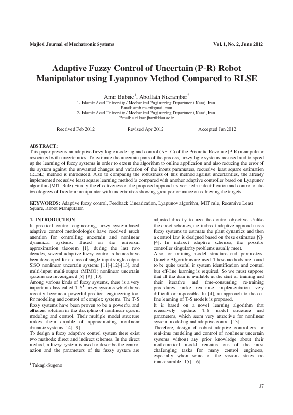 (PDF) Adaptive Fuzzy Control of P-R Manipulator using Lyapunov and RLSE
