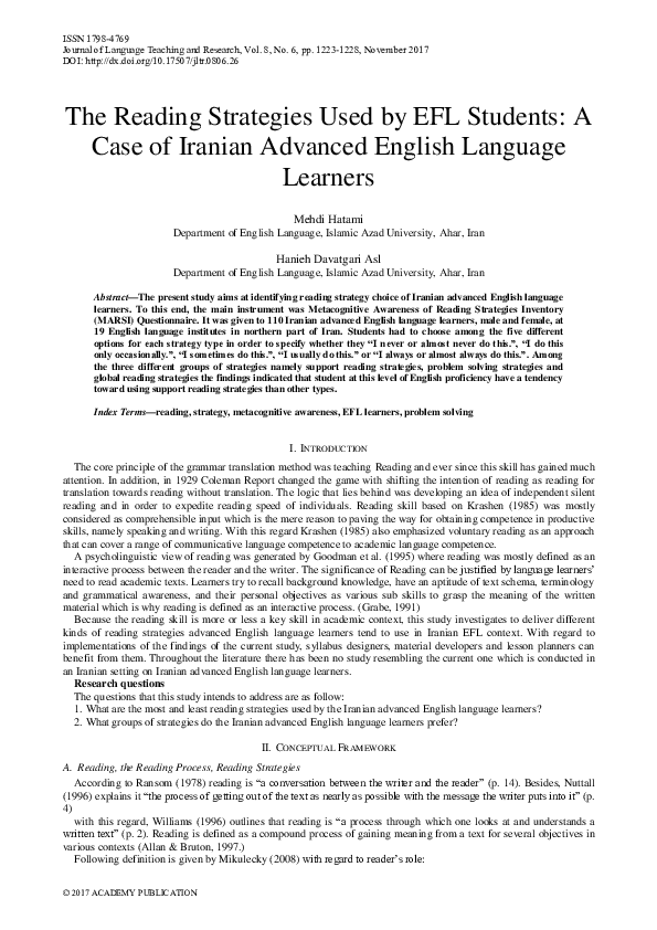 (PDF) The Reading Strategies Used by EFL Students: A Case of Iranian ...