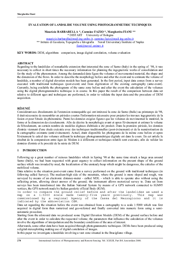 (PDF) Evaluation of landslide volume using photogrammetric techniques