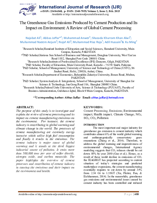 (PDF) The Greenhouse Gas Emissions Produced by Cement Production and ...