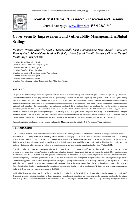 (PDF) Cyber Security Improvements and Vulnerability Management in ...