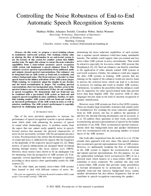 (PDF) Controlling the Noise Robustness of End-to-End Automatic Speech ...