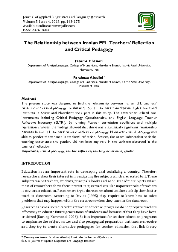 (PDF) The Relationship between Iranian EFL Teachers⿿ Reflection and ...