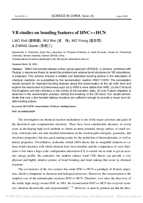 (PDF) VB studies on bonding features of HNC HCN