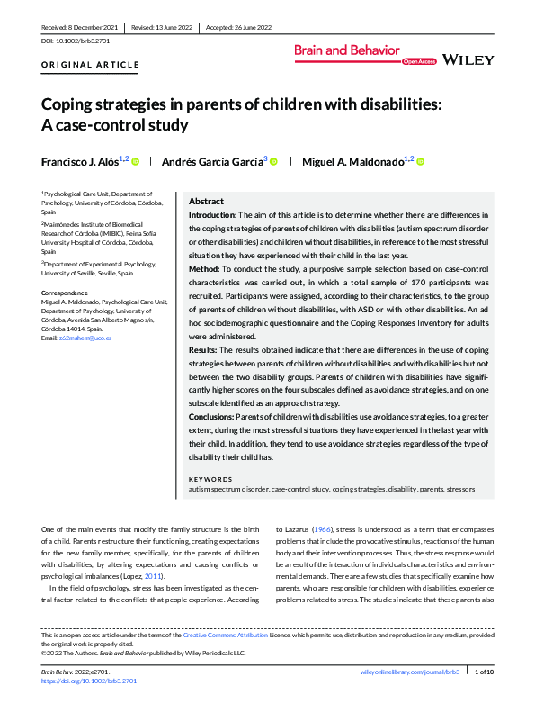 (PDF) Coping strategies in parents of children with disabilities: A ...