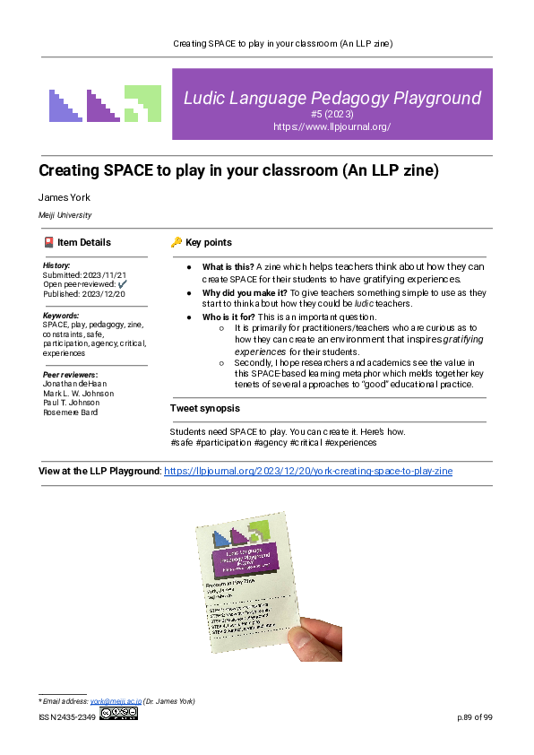 (PDF) Creating SPACE to play in your classroom (An LLP zine)