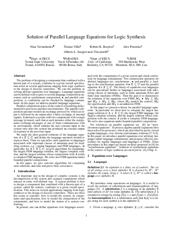 (PDF) Solution of parallel language equations for logic synthesis