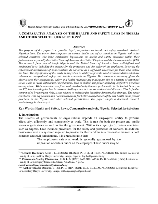 (PDF) A COMPARATIVE ANALYSIS OF THE HEALTH AND SAFETY LAWS IN NIGERIA ...