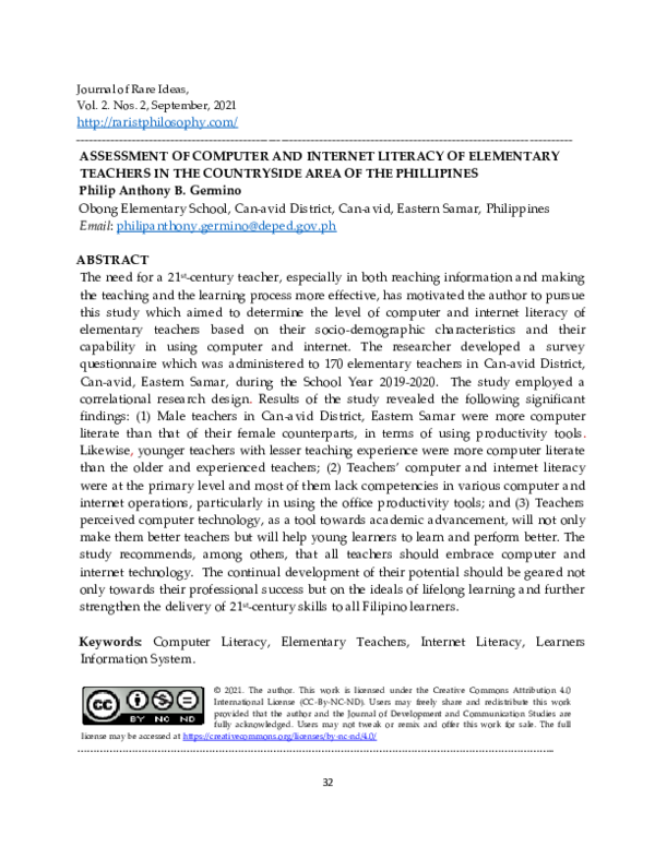(PDF) ASSESSMENT OF COMPUTER AND INTERNET LITERACY OF ELEMENTARY ...