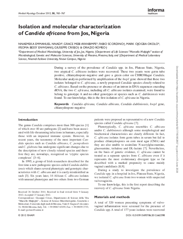 (PDF) Isolation and molecular characterization of Candida africana from ...
