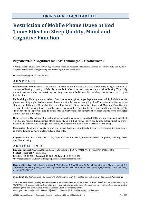 (PDF) Restriction of Mobile Phone Usage at Bed Time: Effect on Sleep ...