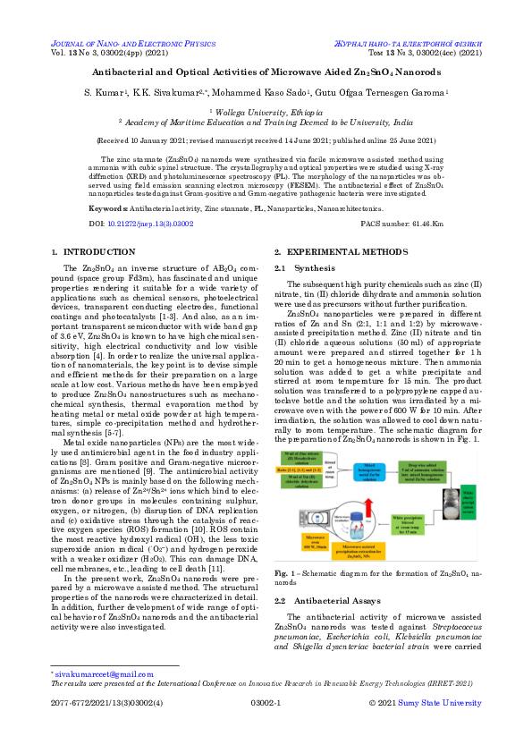 (PDF) Antibacterial and Optical Activities of Microwave Aided Zn2SnO4 ...