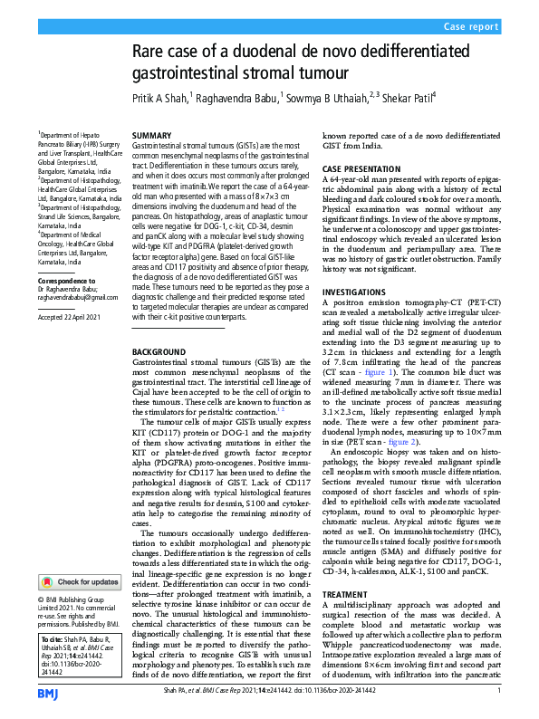 (PDF) Rare case of a duodenal de novo dedifferentiated gastrointestinal ...