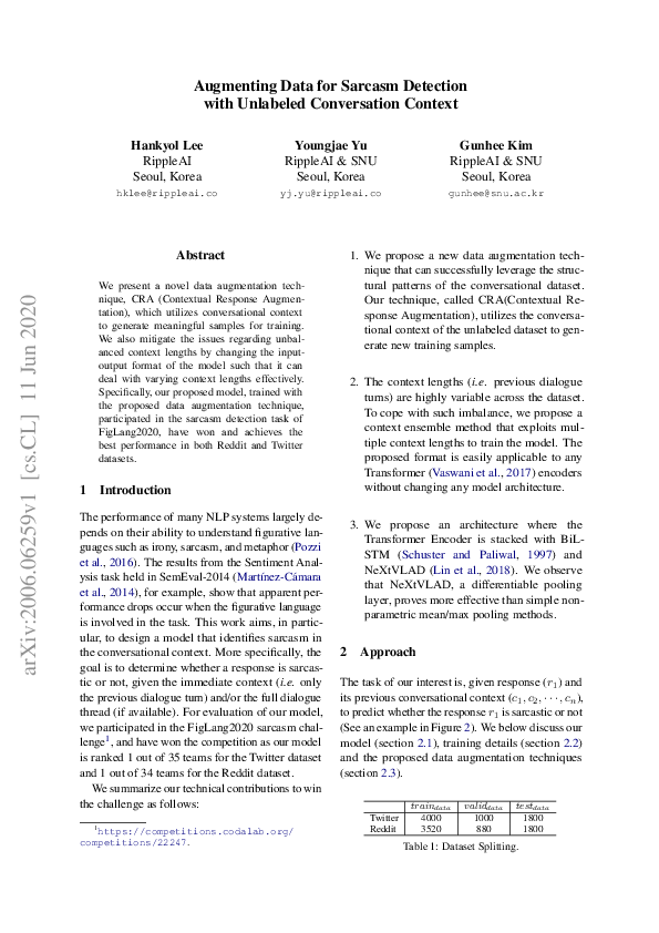 (PDF) Augmenting Data for Sarcasm Detection with Unlabeled Conversation ...