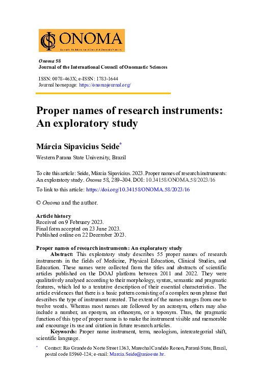 (PDF) Proper names of research instruments: An exploratory study