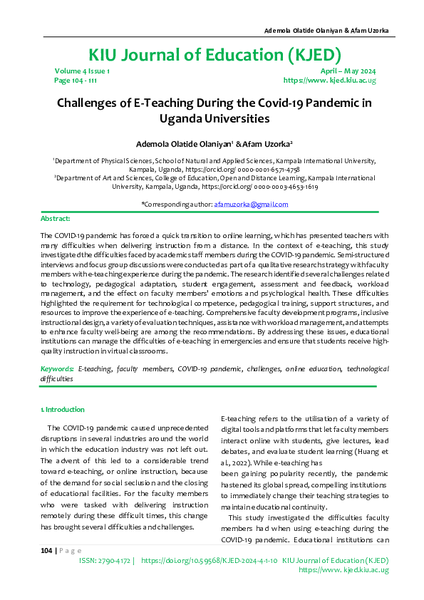 (PDF) Challenges of E-Teaching During the Covid-19 Pandemic in Uganda ...