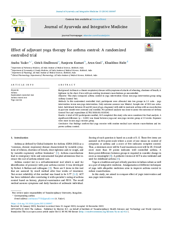 (PDF) Effect of adjuvant yoga therapy for asthma control: A randomized ...