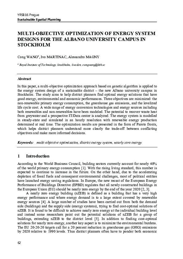(PDF) Multi-Objective Optimization of Energy System Designs for the ...