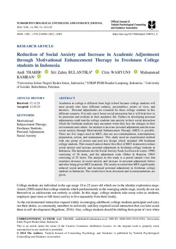 (PDF) Reduction of Social Anxiety and Increase in Academic Adjustment ...