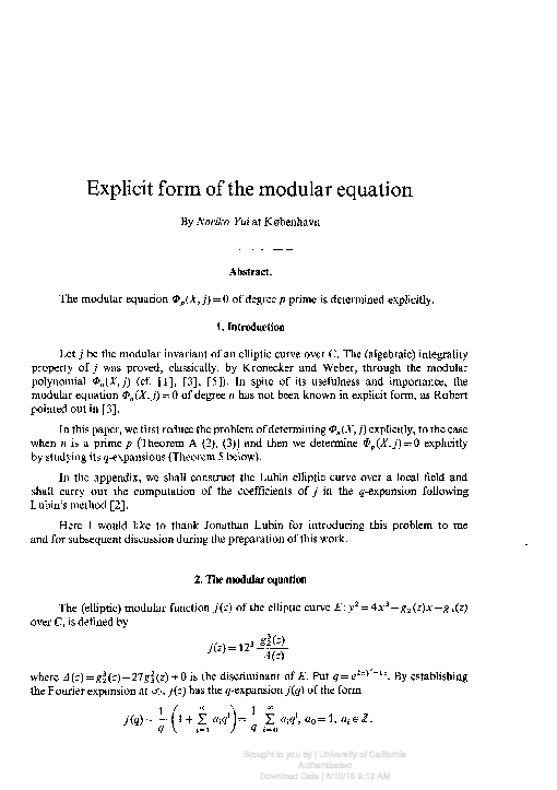 (PDF) Explicit form of the modular equation