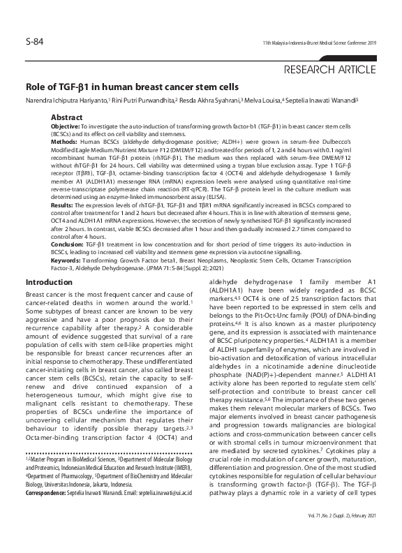 (PDF) Role of TGF-β1 in human breast cancer stem cells