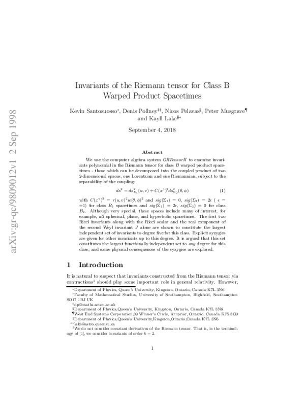 (PDF) Invariants of the Riemann tensor for class B warped product space ...