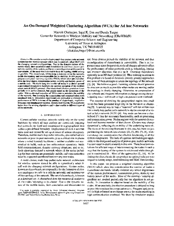 (PDF) An on-demand weighted clustering algorithm (WCA) for ad hoc networks