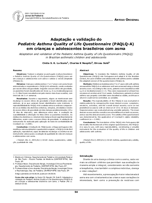 (PDF) Adaptation and validation of the Pediatric Asthma Quality of Life ...