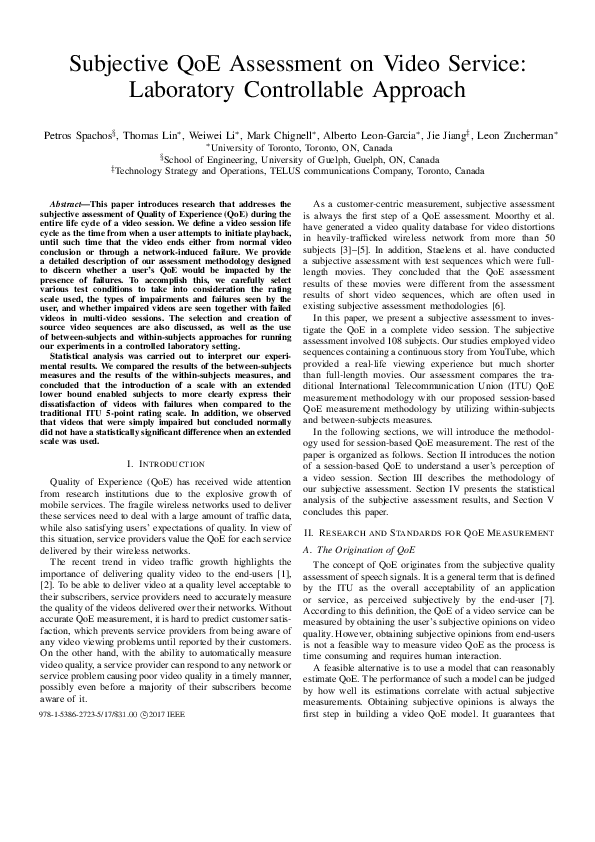 (PDF) Subjective QoE assessment on video service: Laboratory ...