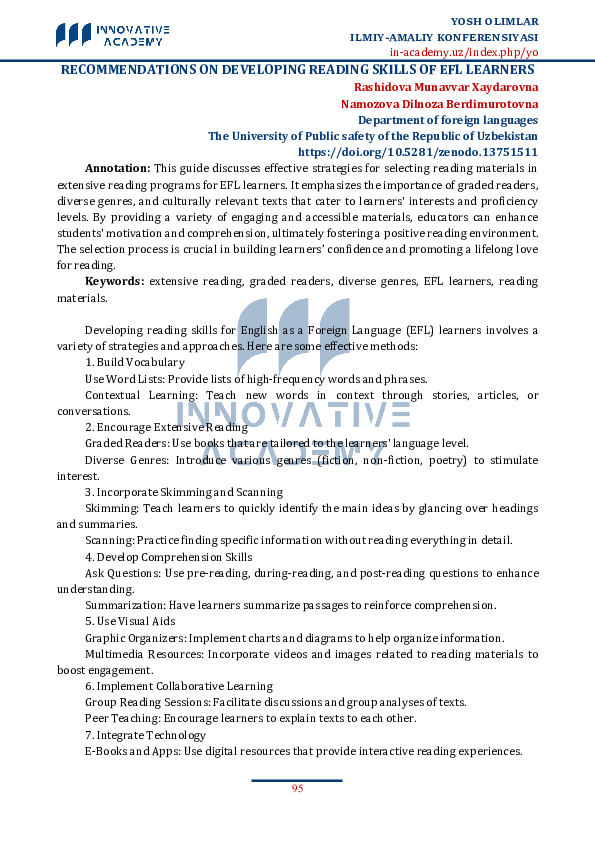 (PDF) RECOMMENDATIONS ON DEVELOPING READING SKILLS OF EFL LEARNERS