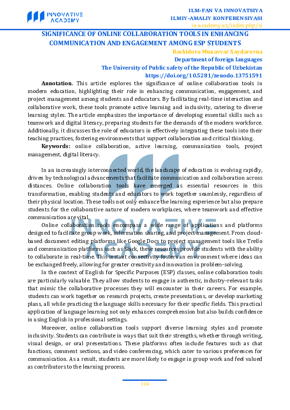 (PDF) SIGNIFICANCE OF ONLINE COLLABORATION TOOLS IN ENHANCING ...