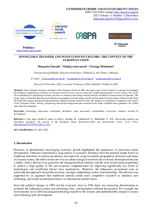 (PDF) Knowledge transfer and innovation incubators: the context of the ...