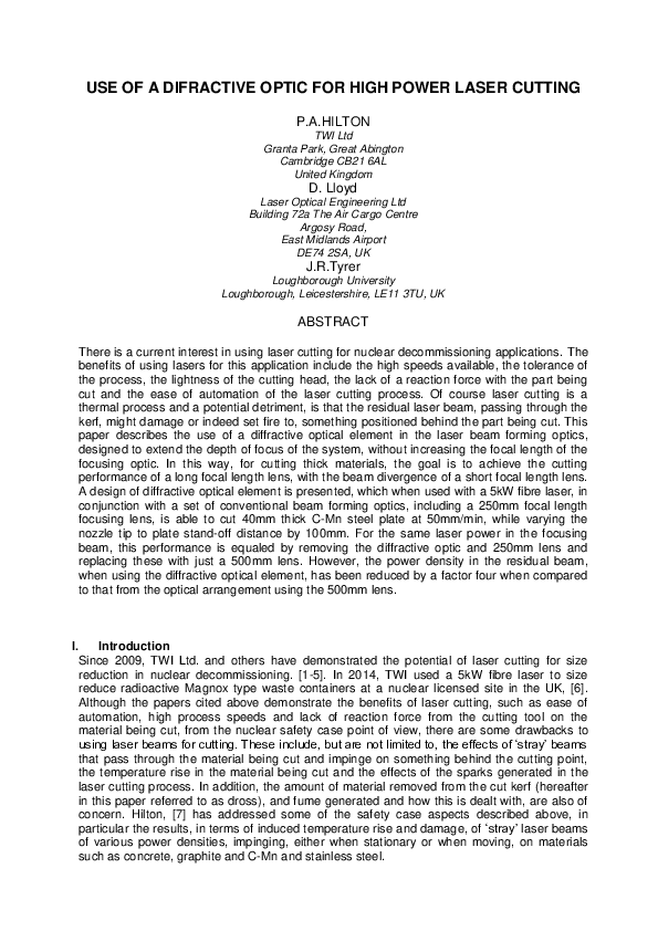 (PDF) Use of a diffractive optic for high power laser cutting