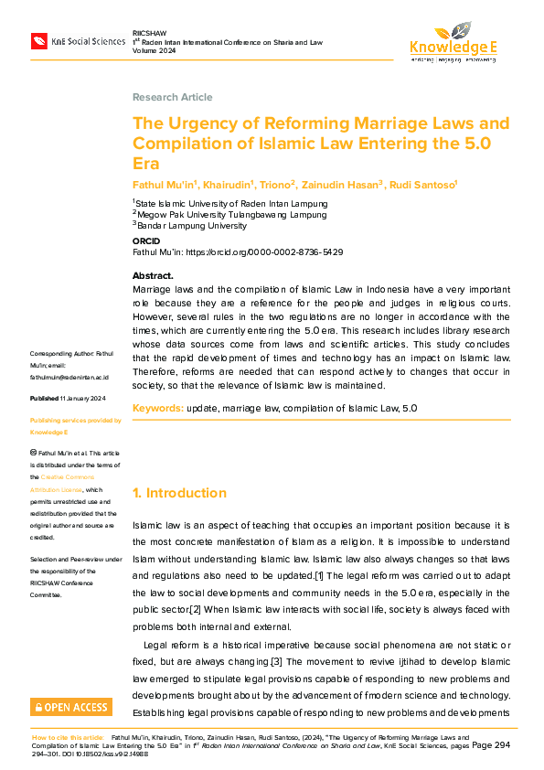 (PDF) The Urgency of Reforming Marriage Laws and Compilation of Islamic ...