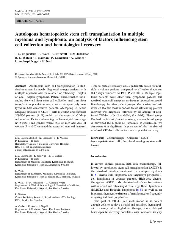 (PDF) Autologous hematopoietic stem cell transplantation in multiple ...