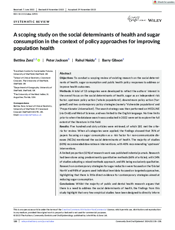 (PDF) A scoping study on the social determinants of health and sugar ...