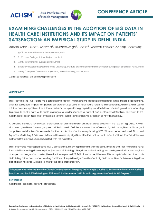 (PDF) Examining Challenges In The Adoption of Big Data In Health Care ...